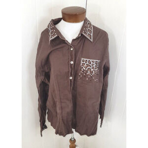 Quacker Factory Womens XL Brown Beaded Embellished Chest Pocket Button Up Shirt